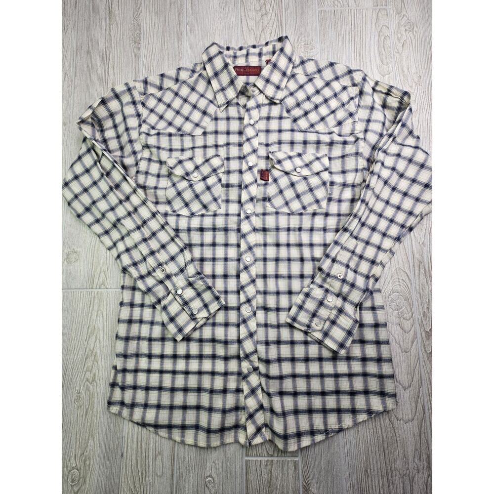 Real Ranch Shirt Mens L Large Blue Khaki Pearl Snap‎ Long Sleeve Western